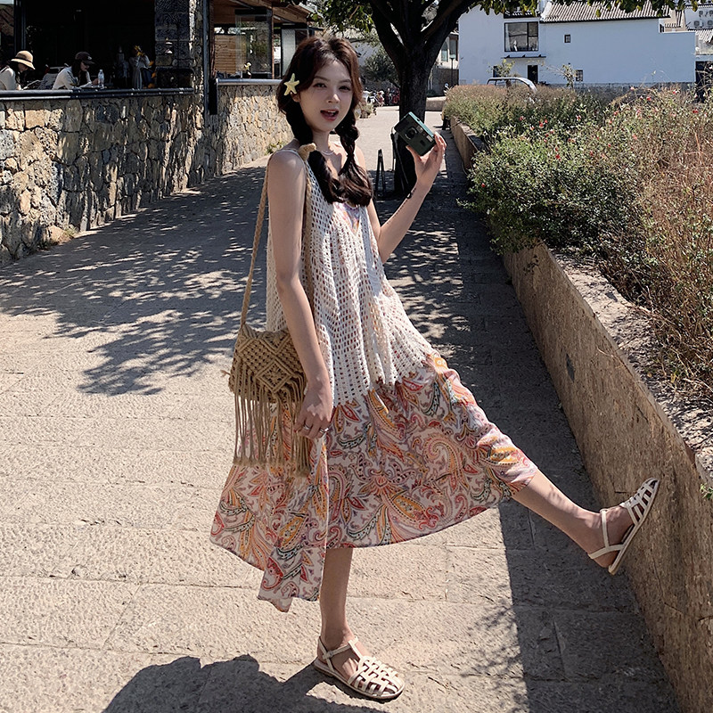 波西米亚风碎花连衣裙女2025夏季新款镂空罩衫背心叠穿长裙,女装连衣裙,2C177