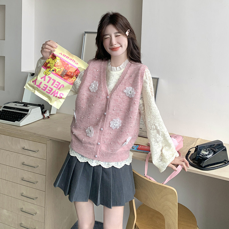 淑女气质穿搭套装女2026春新款粉色花朵针织马甲蕾丝打底衫两件套,女装套装/套裙,2C166