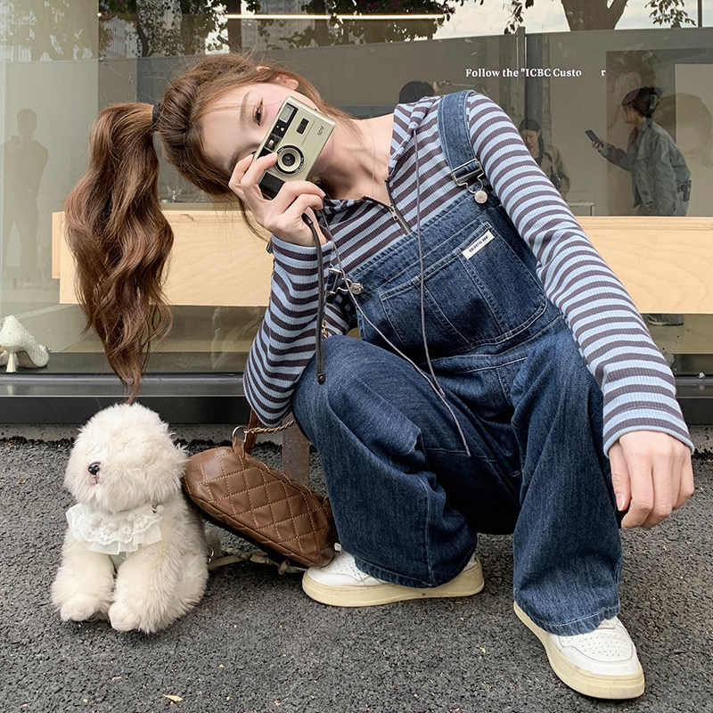 韩系减龄牛仔背带裤女2025春季新款休闲条纹上衣高腰阔腿裤两件套,女装套装/套裙,2C098
