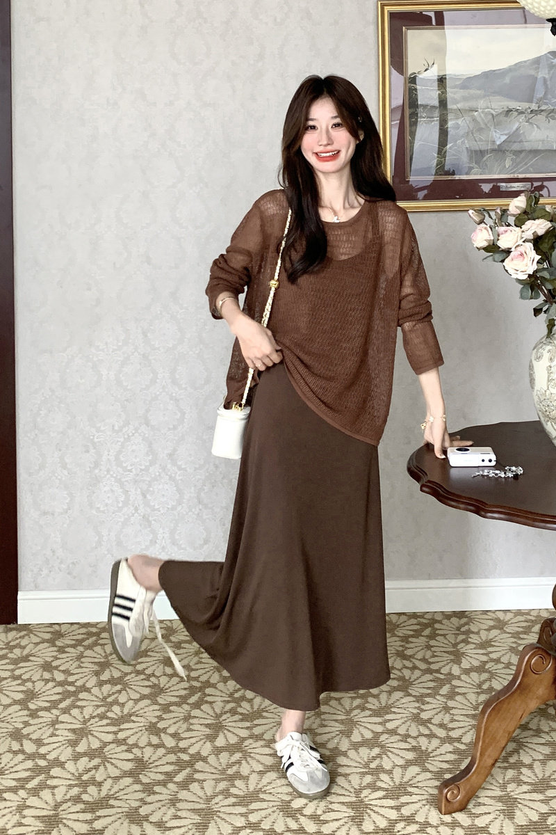 时尚休闲套装女初秋季设计感镂空薄款针织衫内搭吊带裙长袖两件套,女装连衣裙,2C166