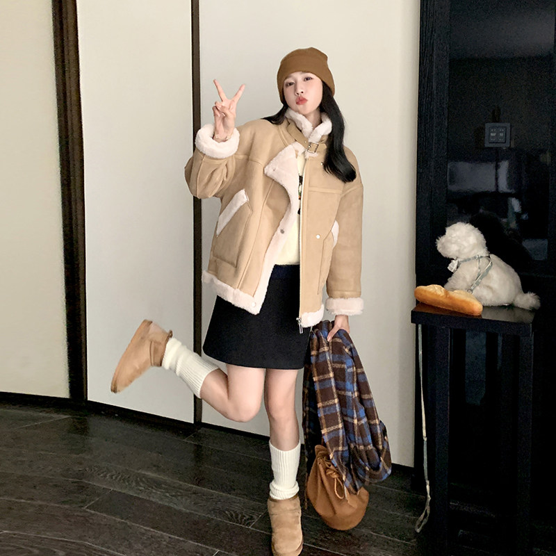 秋冬新款女麂皮绒皮毛一体羊羔毛外套女,女装短外套,2C269