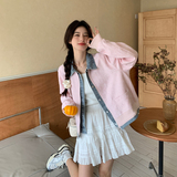 粉色牛仔拼接假两件棒球服外套女春秋新款韩版宽松减龄小个子上衣，女装短外套，2C266