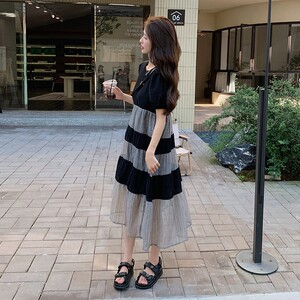 现货新款 设计感宽松休闲条纹撞色连衣裙 p115k168图片