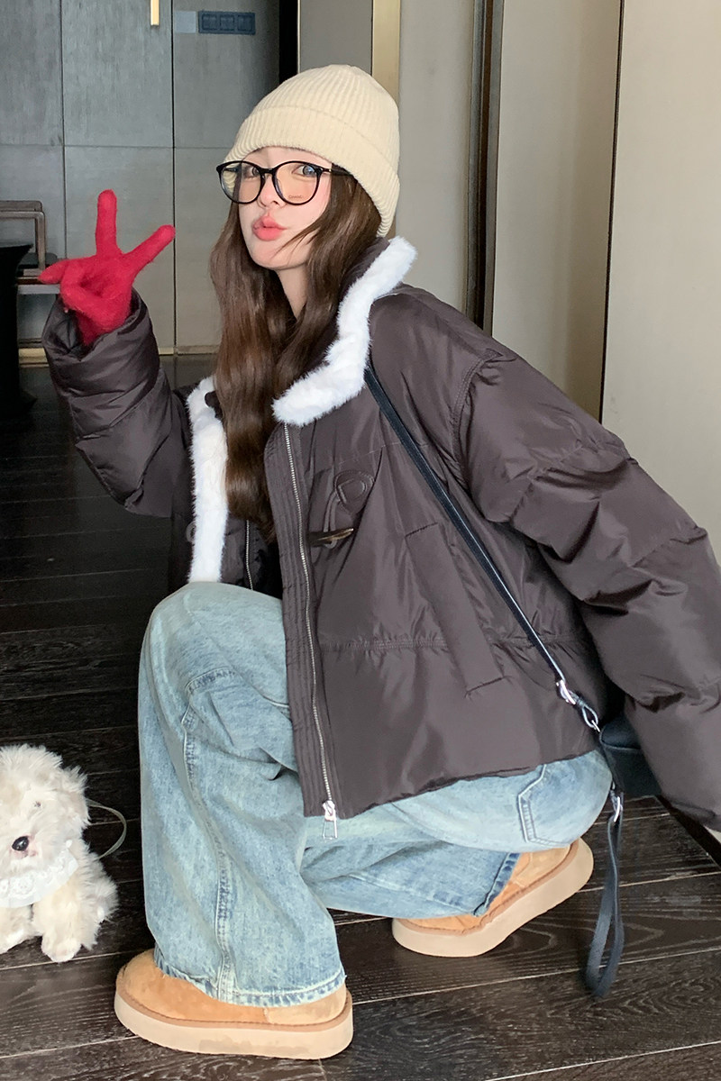 LeceaAlice短款羽绒服女2025冬季新款韩版拼接毛绒白鸭绒面包服,女装短外套,2C088