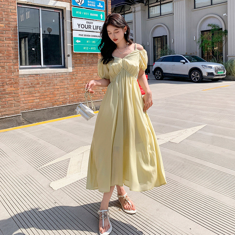 甜美减龄慵懒风可盐可甜长裙女夏季2025时髦浅黄色宽松高腰连衣裙,女装连衣裙,2D009