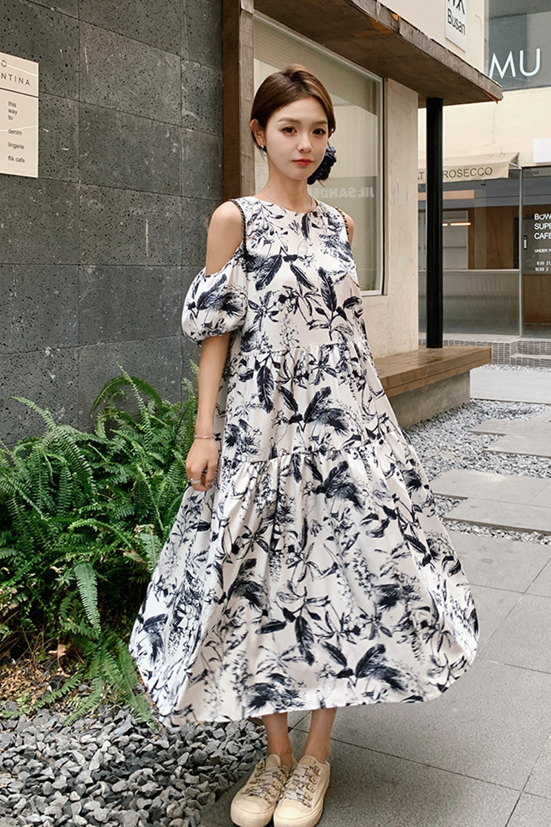 国风水墨画露肩T恤连衣裙女装2024新款夏季时尚设计感收腰长裙子,女装连衣裙,2C052