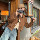 美拉德麂皮绒咖色工装上衣女春季新款美式复古设计感短款夹克外套，女装短外套，2C025