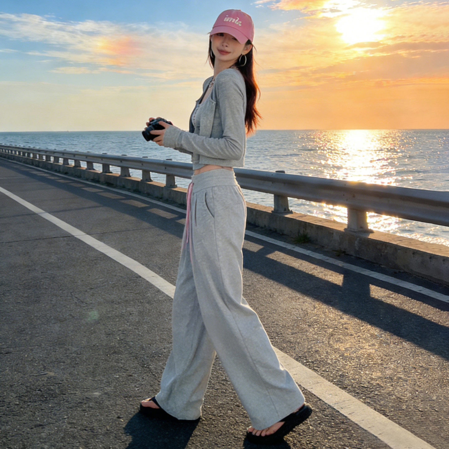 春季慵懒风休闲时尚套装韩版修身开衫上衣内搭吊带阔腿长裤三件套,女装套装/套裙,2C310