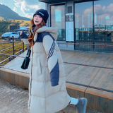 时尚浪漫撞色条纹拼接长款羽绒服女冬季2025连帽过膝工装保暖外套，女装羽绒服，2C325