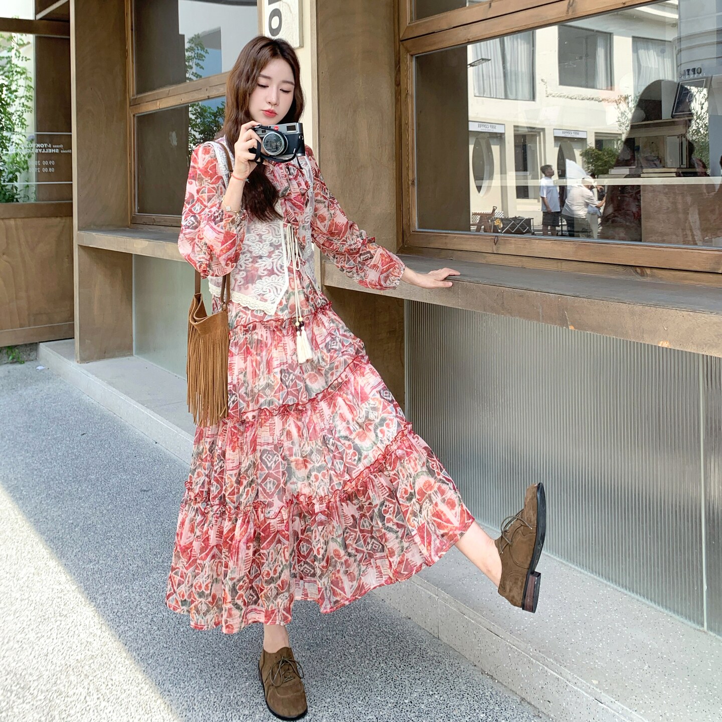 韩版时尚蕾丝马甲套装女2025秋新款时尚减龄显瘦印花半身裙两件套,女装套装/套裙,2D035