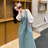 超火高级感穿搭T恤配无袖牛仔连衣裙女夏减龄背心连身长裙两件套，女装套装/套裙，2C131