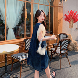 设计感气质泡泡袖拼接假两件牛仔连衣裙女夏季新款小个子显瘦裙子，女装连衣裙，2C092