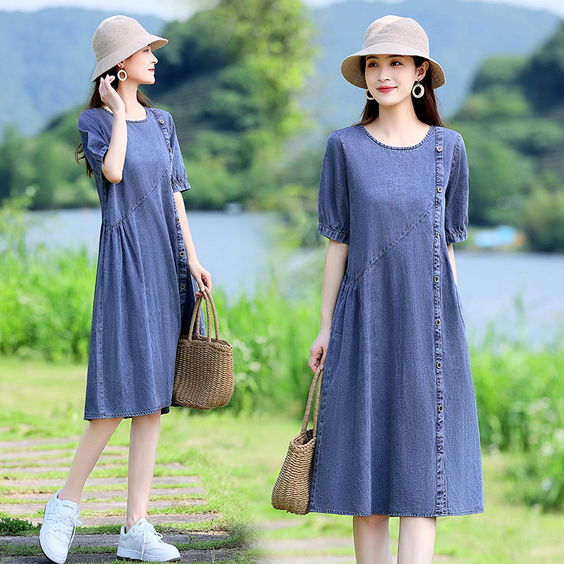薄款纯棉牛仔连衣裙女夏2024新款宽松遮肚子显瘦妈妈休闲洋气裙子,女装毛呢外套,新感觉
