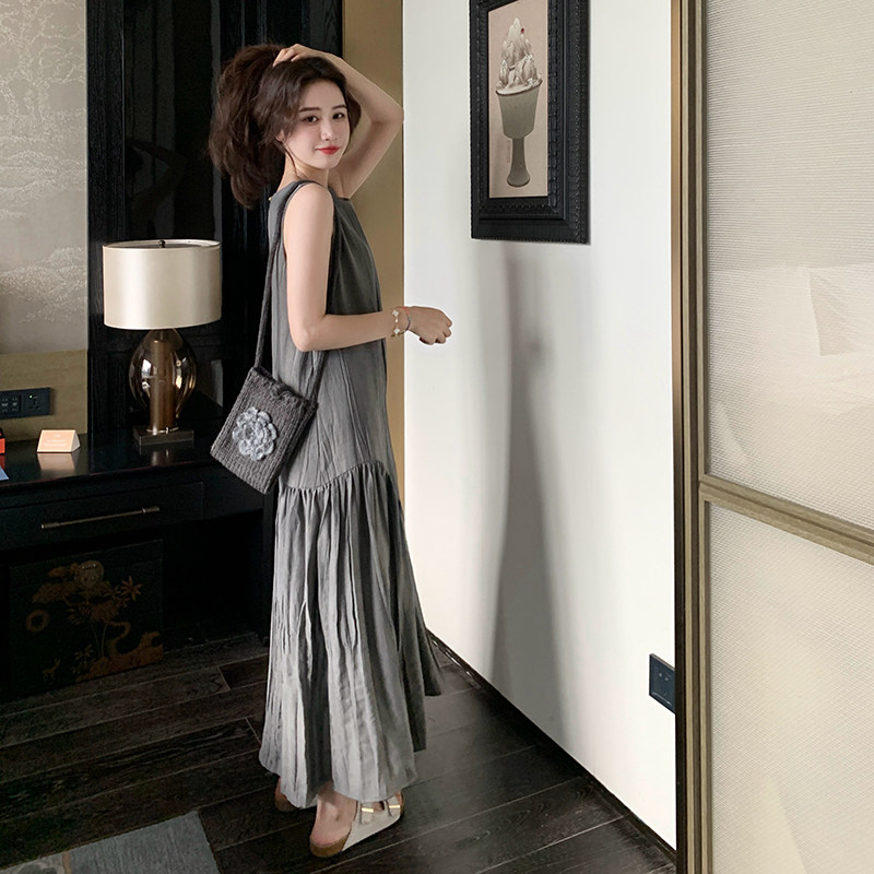 现货款号7707工艺压皱质感麻料无袖鱼尾裙P155K238,女装连衣裙,2D043