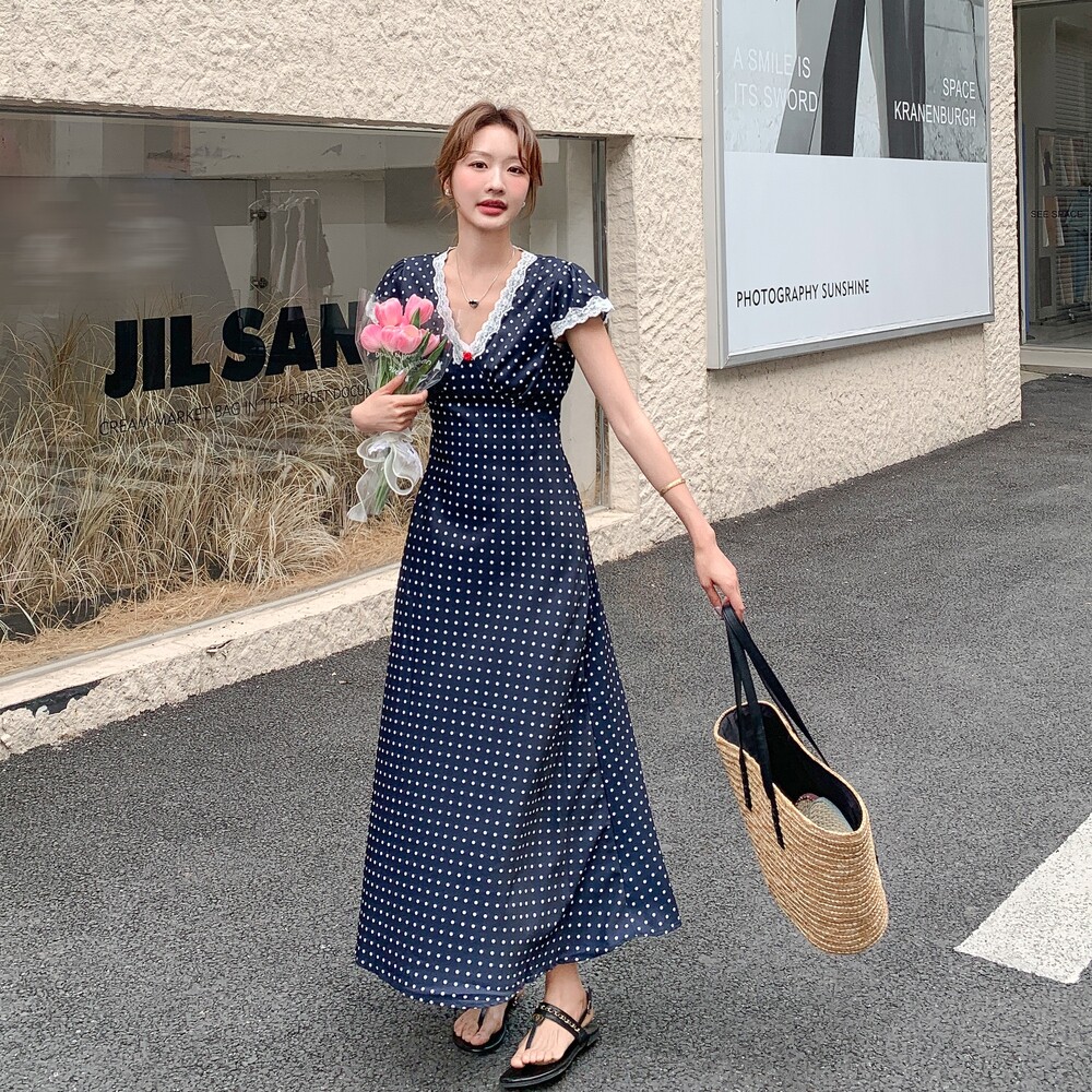 波点修身名媛长裙拼接复古美式拼接显瘦连衣裙夏季碎花气质时尚,女装连衣裙,2C212