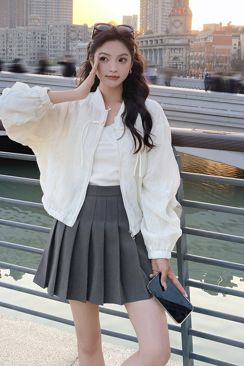 【现货】新中式轻风白蕾丝刺绣上衣休闲短外套防晒衣空调服,女装防晒衣,2D148