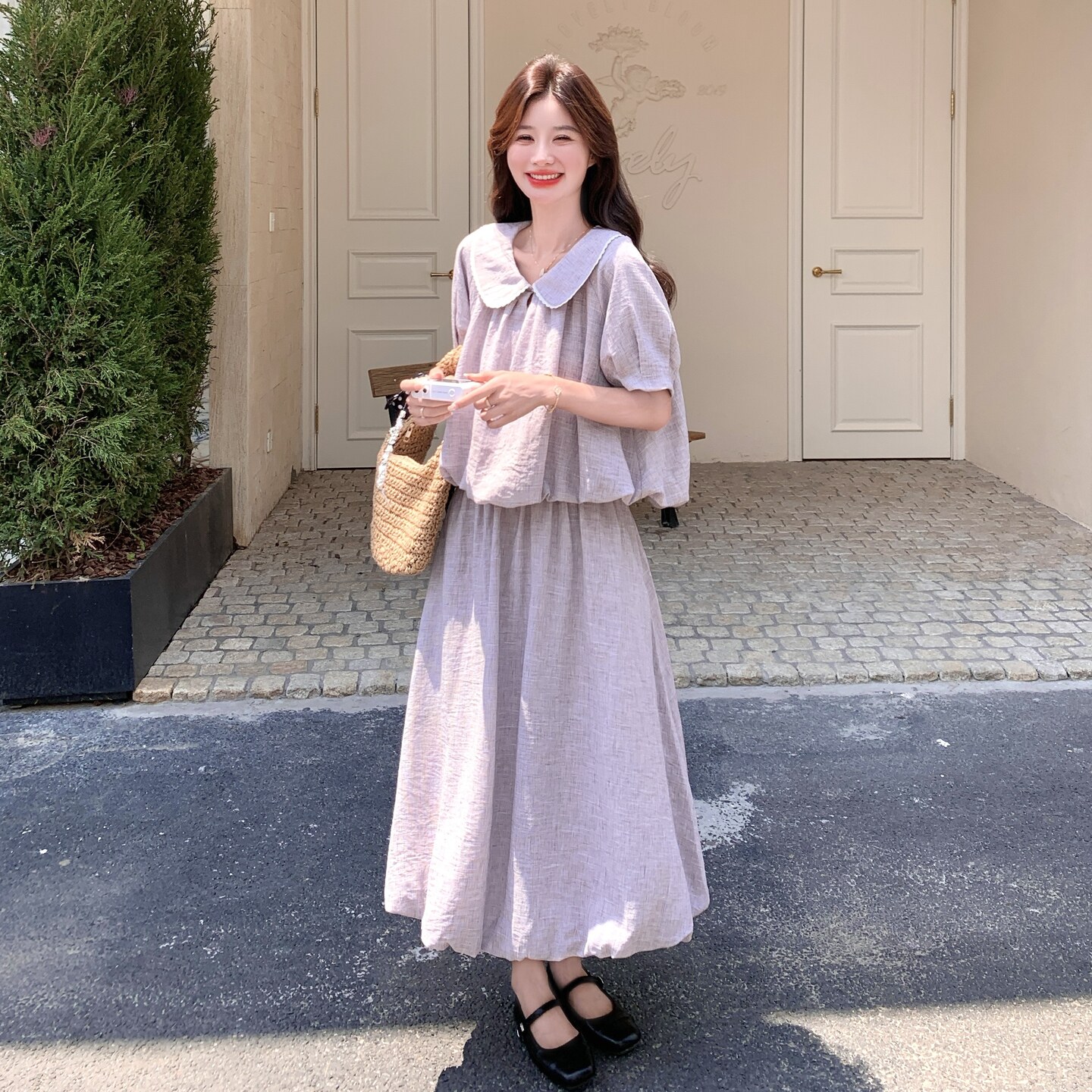 浅紫色法式温柔风巨好看套装裙女2025年夏季新款花苞半身裙两件套,女装套装/套裙,2C012