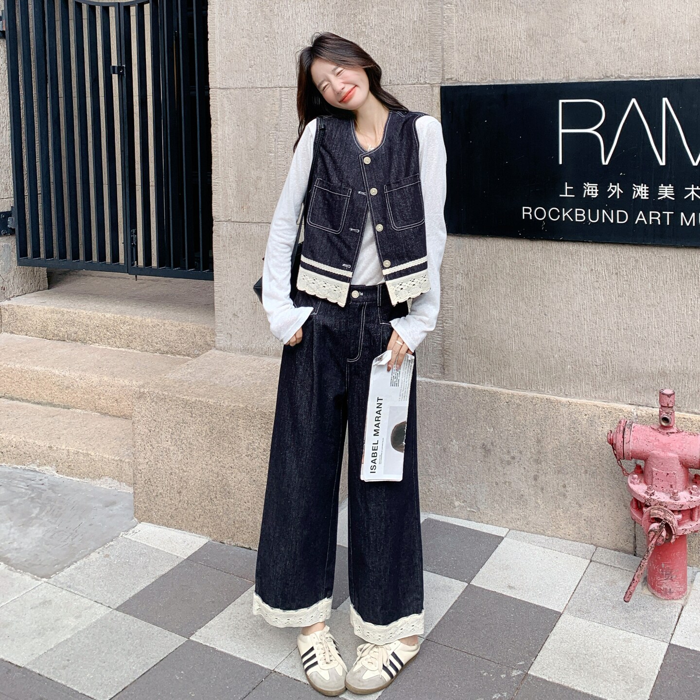 松弛慵懒风蕾丝牛仔马甲套装女2025新款秋季简约阔腿裤百搭两件套,女装套装/套裙,2C012
