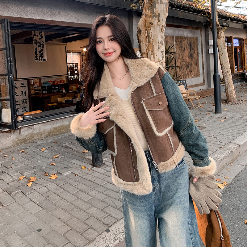 港风复古牛仔拼接皮毛一体外套女2025年冬季新款显瘦加厚棉衣棉袄,女装棉衣/棉服,2C057