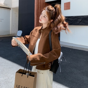 美拉德棕色麂皮绒短外套女秋季2025新款小个子复古炸街上衣夹克图片