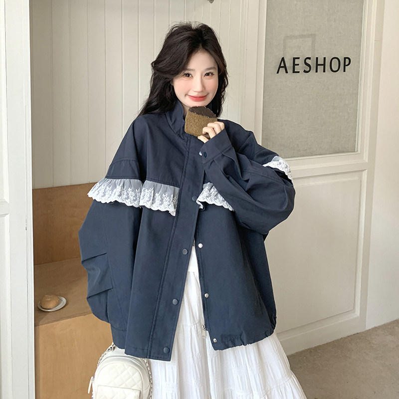 藏青色蕾丝花边休闲外套女2025春秋季新款韩系慵懒风宽松夹克上衣图片