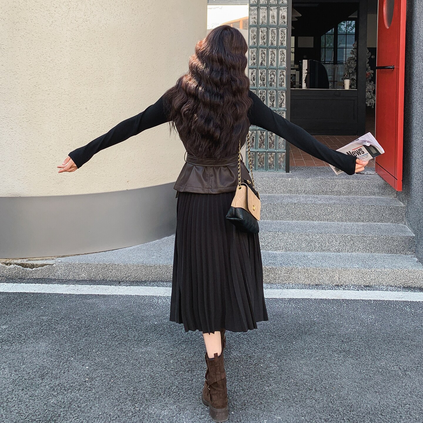 巨好看漂亮温柔风百褶连衣裙套装女2025年秋季新款皮衣马甲两件套,女装套装/套裙,2D036