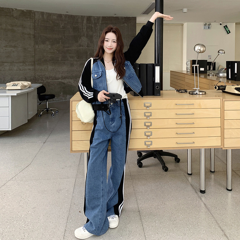 2025春秋季新款韩版拼接牛仔上衣阔腿裤两件套女复古休闲显瘦套装,女装套装/套裙,2D148