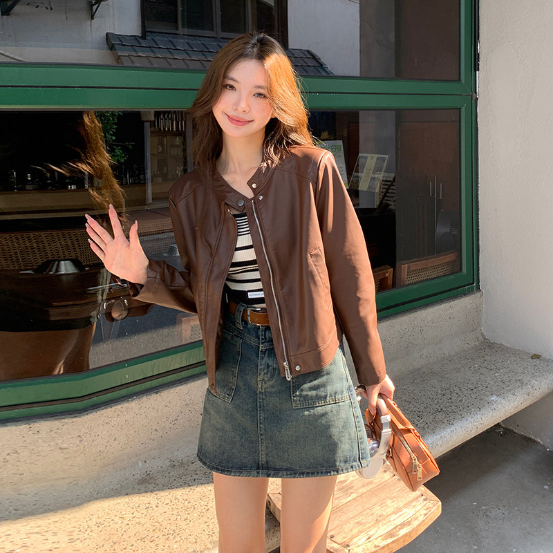 安可拉红短款皮衣外套女秋季高级感减龄百搭设计感洋气pu皮夹克,女装皮衣,2C233