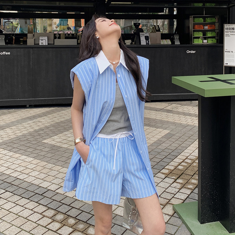 条纹休闲时尚套装女夏季2025新款无袖衬衫上衣高腰短裤减龄两件套图片