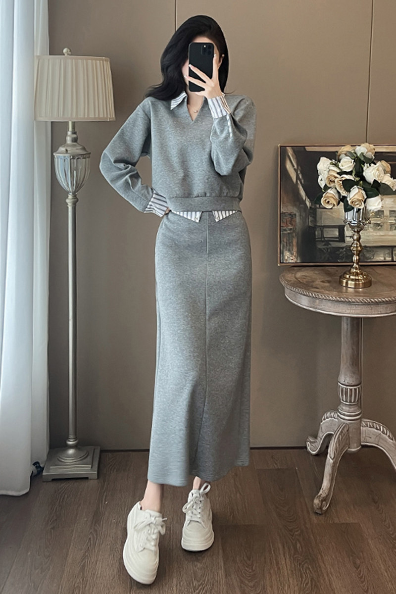 法式复古森系上衣时尚直筒半身裙套装,女装套装/套裙,2C310