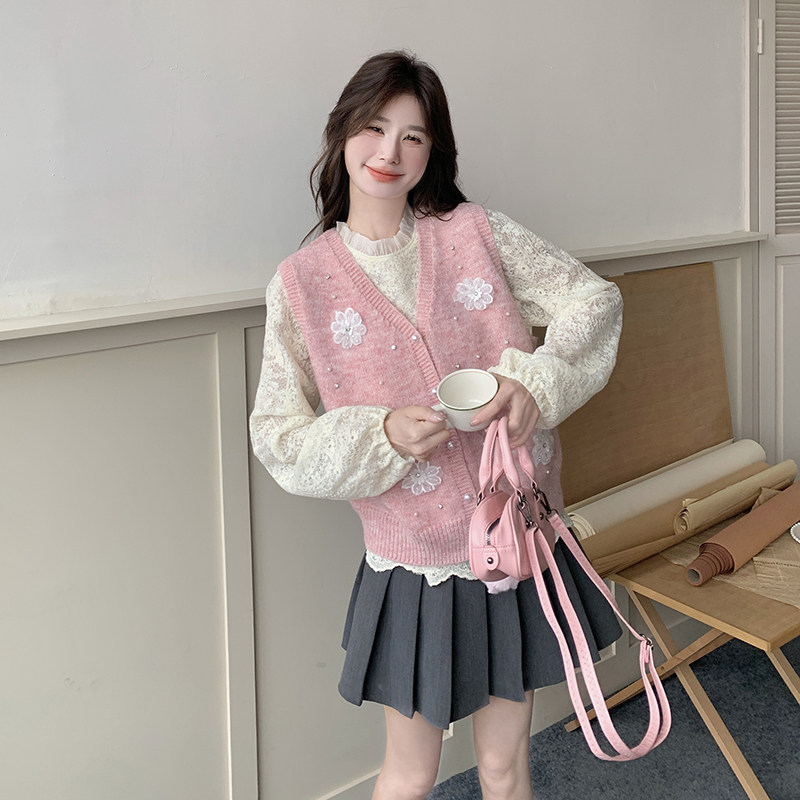 淑女气质穿搭套装女2025春新款粉色花朵针织马甲蕾丝打底衫两件套,女装套装/套裙,2C166