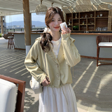 浅黄色针织领皮衣外套女春小个子chic韩系宽松休闲设计感短款风衣，女装皮衣，2D044