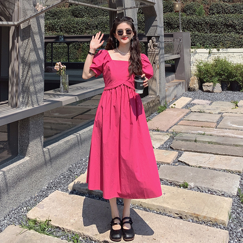 玫粉色方领连衣裙夏女2024新款法式复古温柔泡泡袖显瘦长款A字裙,女装连衣裙,2C112