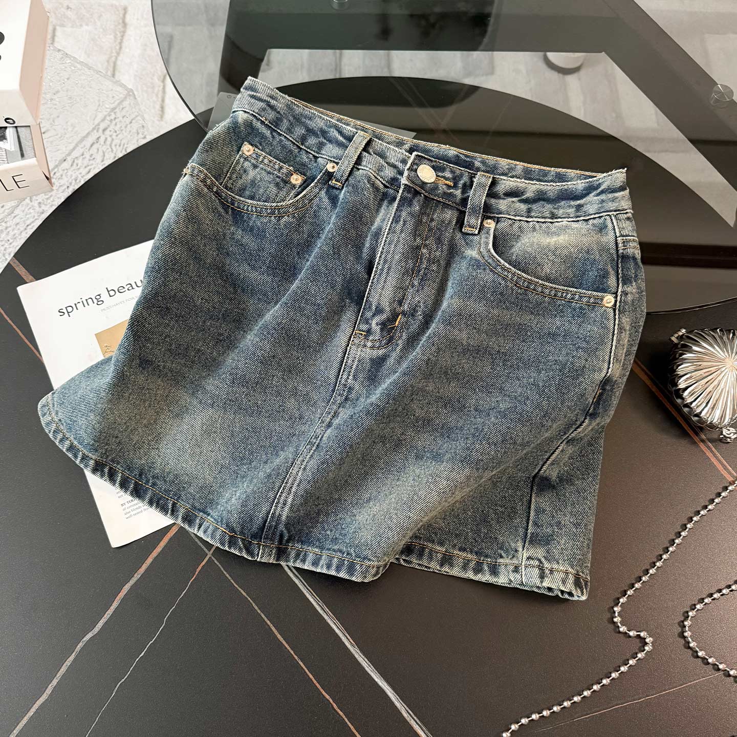 女夏季新款时尚潮流气质套装圆领彩色纽扣针织衫短袖牛仔裙两件套,女装套装/套裙,2C310