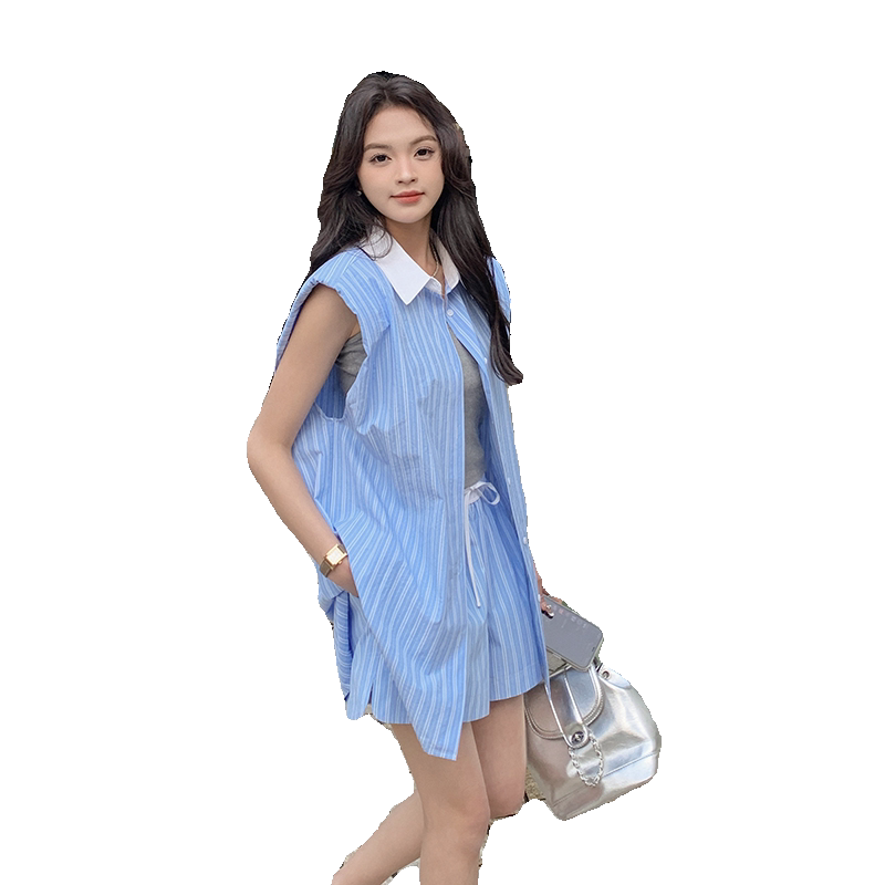 条纹休闲时尚套装女夏季2025新款无袖衬衫上衣高腰短裤减龄两件套,女装套装/套裙,2C112