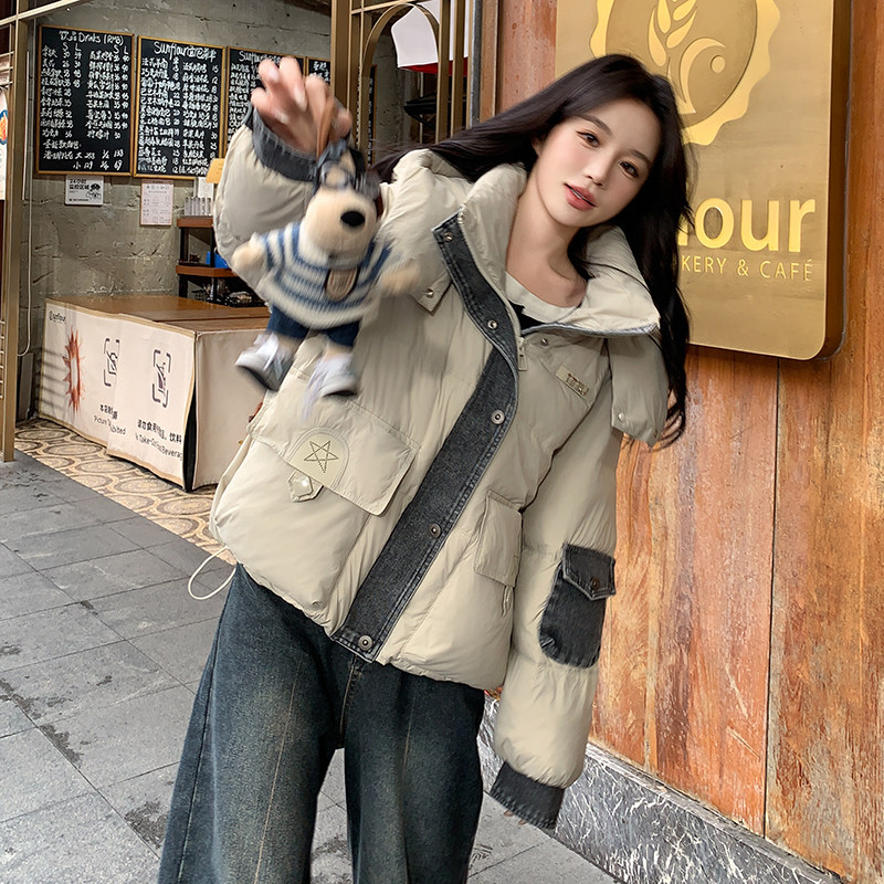 韩系设计感牛仔拼接羽绒服女2025冬季新款小个子加厚保暖面包服潮图片