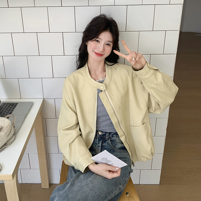 黄色短款pu皮衣外套女春秋2025新款小个子夹克休闲高级感机车服,女装短外套,2C203