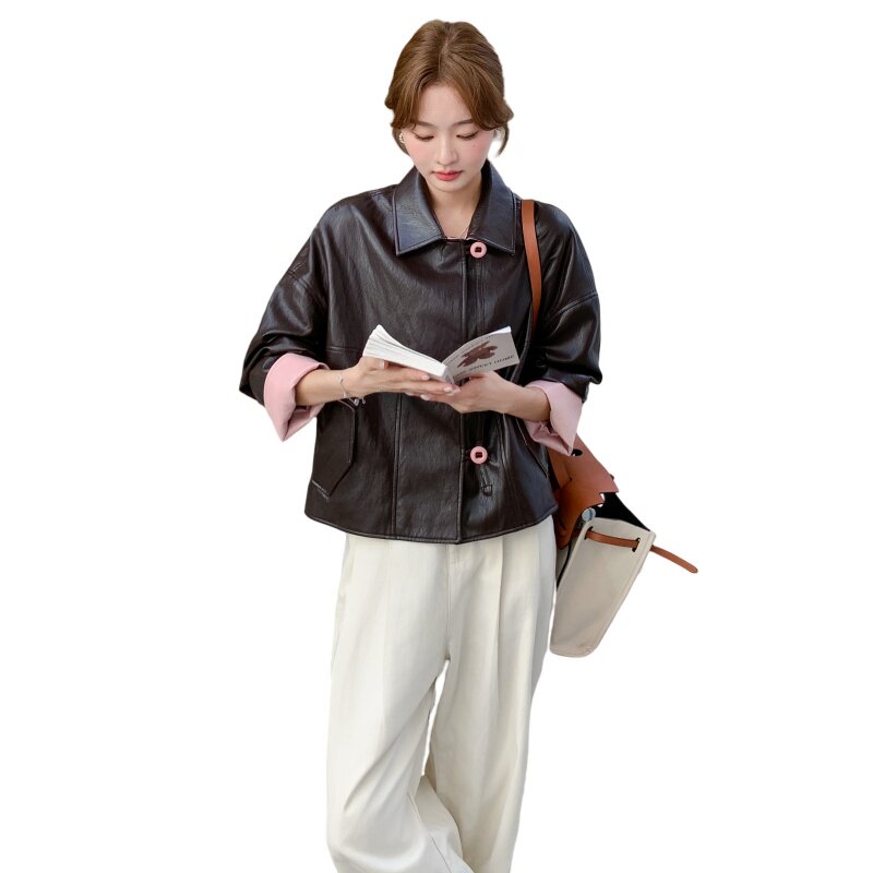 美拉德复古咖色淡人皮衣外套女秋季2025新款高级感休闲单排扣夹克,女装皮衣,2C259