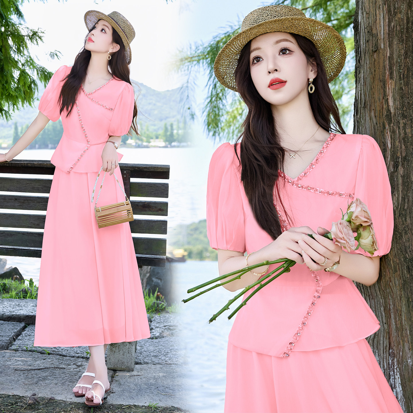 年轻洋气套装女2025夏季新款巨好看的订珠超火两件套裤,女装套装/套裙,锦绣伊人