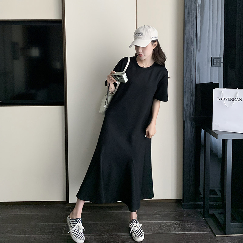 黑色短袖连衣裙女2025夏季新款今年流行宽松显瘦纸片人中长款裙子,女装连衣裙,2D043