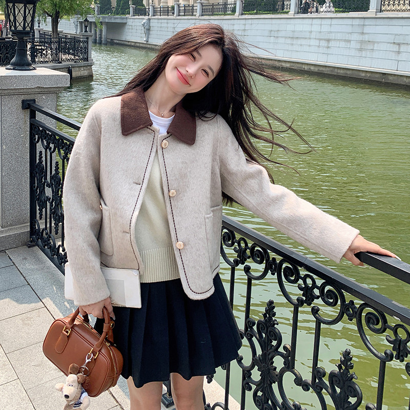 【现货】羊毛拼色双面呢羊绒大衣毛呢外套女短款P240K328,女装毛呢外套,2C320