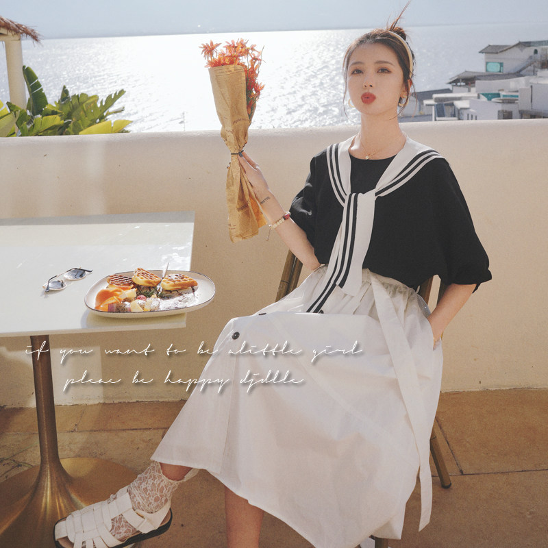 【现货】海军领披肩+黑白拼接假两件连衣裙209-890-P115K168,女装连衣裙,2C069