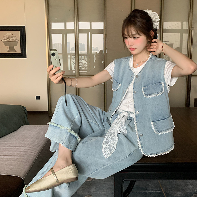 盐甜系穿搭蕾丝飘带牛仔套装女2025春季新款超火马甲阔腿裤两件套,女装套装/套裙,2C177