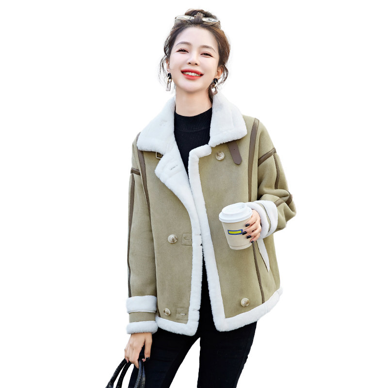冬季宽松鹿皮绒羊羔毛外套女2022皮毛一体百搭立领机车服加绒加厚，女装棉衣/棉服，自然秀,女装棉衣/棉服,自然秀