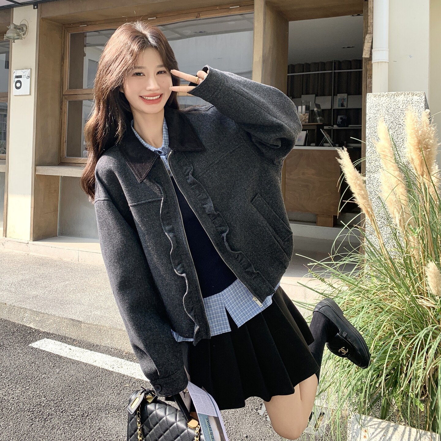 美式复古宽松显瘦翻领工装外套短款夹克女秋冬休闲加厚棒球服,女装短外套,2C166