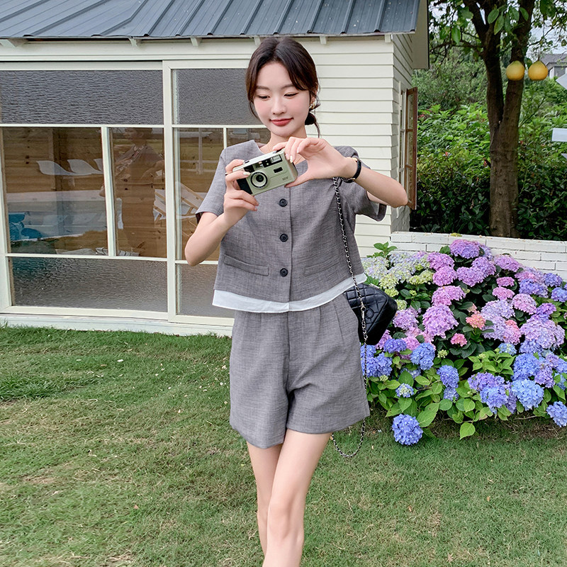 新品2025夏季小香风灰色拼接上衣+短裤套装7622-P135-K198,女装套装/套裙,2C159