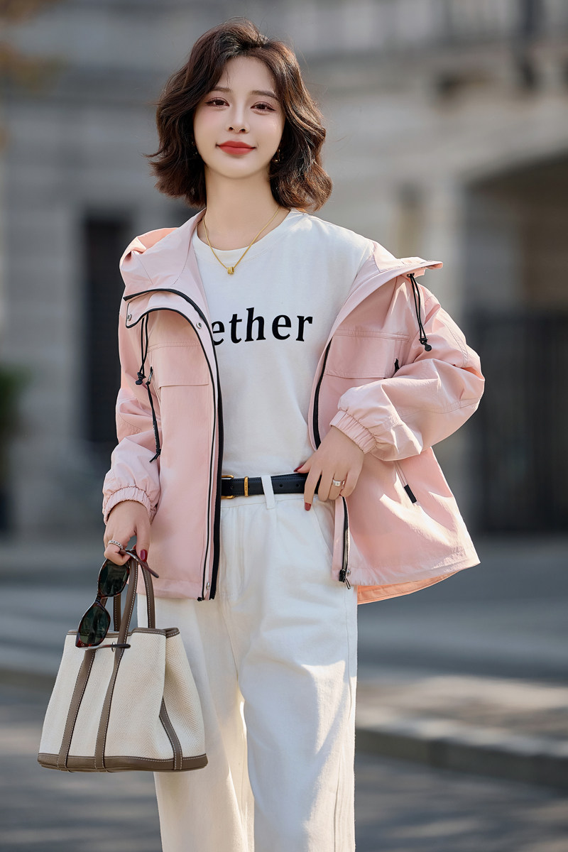 粉色洋气减龄工装短外套女2025春秋新款百搭休闲宽松连帽夹克上衣,女装短外套,唯婧