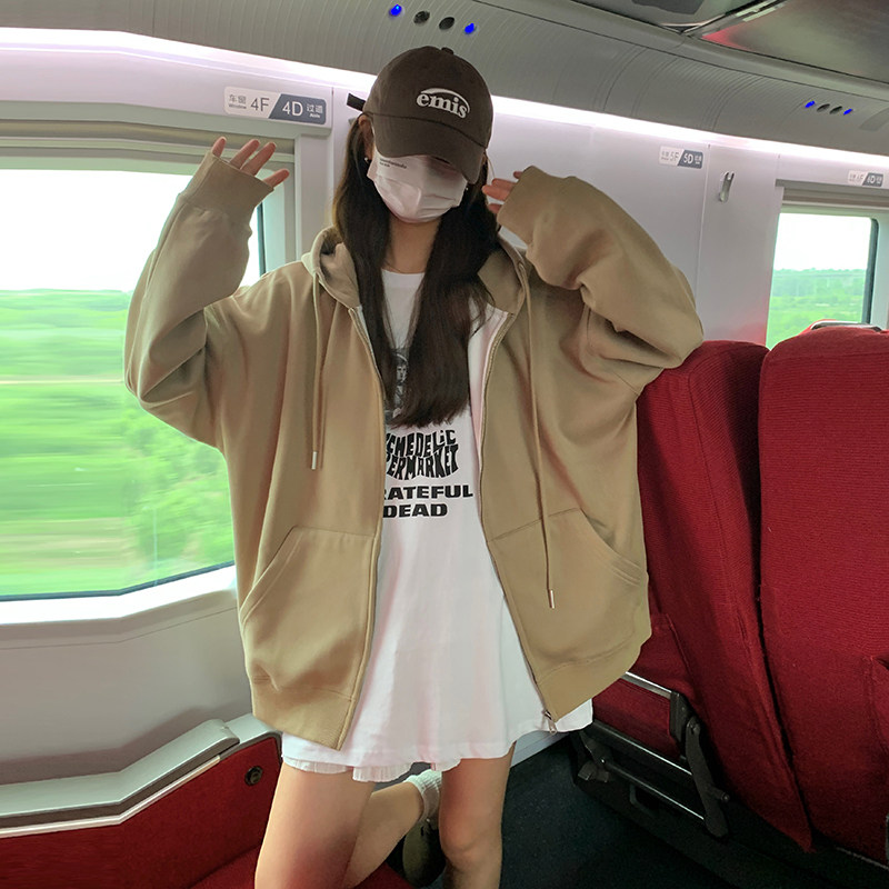 卡其色连帽开衫卫衣外套女2024春季新款韩版小个子慵懒风休闲上衣图片