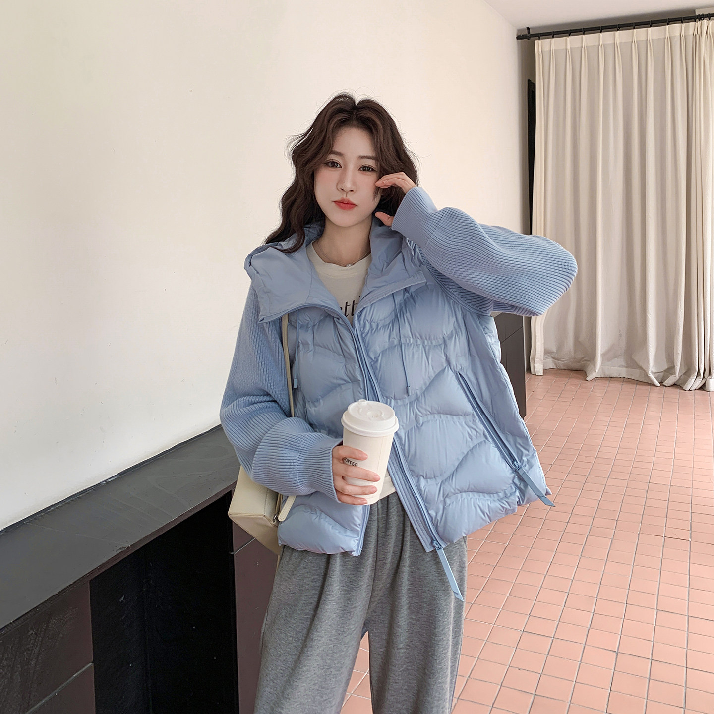 韩系蓝色针织拼接连帽排骨羽绒服外套女秋冬2025新款轻薄白鸭绒,女装羽绒服,2D078