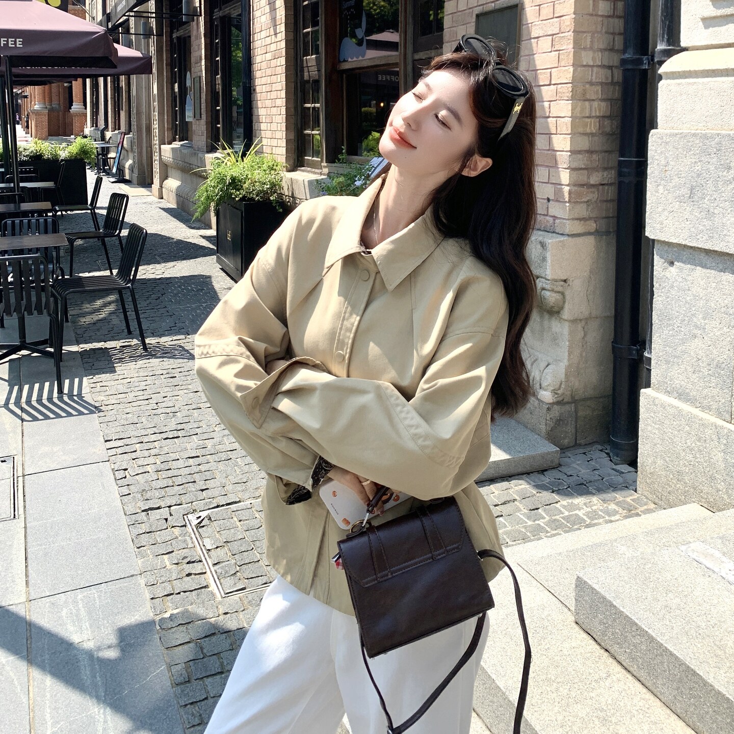 卡其色印花小香风风衣外套2025年秋季新款巨好看御姐立领短款上衣,女装风衣,2C166